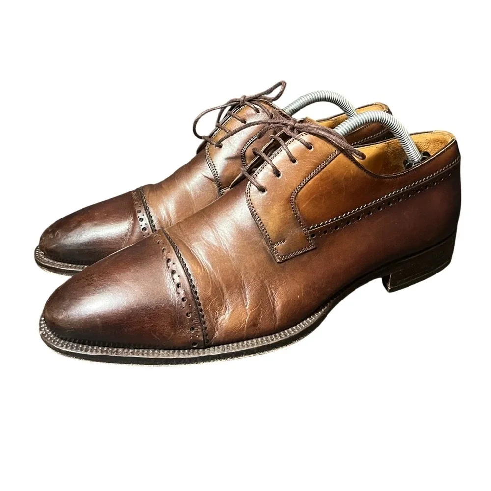 Magnanni Derby Shoes Mens 10 Brown Leather Cap Toe Brogue 12440 Made in Spain